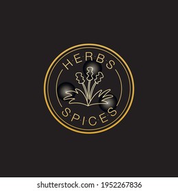 Vector illustration of herbs and spices round logo for banner, poster, spice shop advertisement, signage, catalog, product design. Text with a frame and the outline of a flower for web or print
