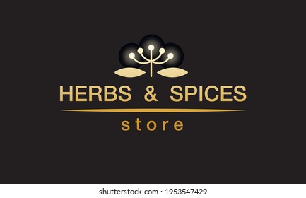 Ilustración vectorial del logo de la tienda de hierbas y especias con texto cambiable para estilo corporativo, banner, anuncio de tienda de especias, señalización, catálogo, diseño de productos. Letras doradas con elementos florales
