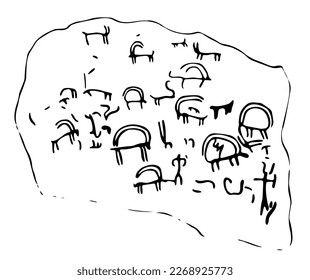 Vector illustration of a herd of cattle rock paintings. Prehistoric rock petroglyphs discovered on the territory of Armenia