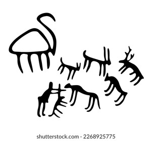 Vector illustration of a herd of cattle rock paintings. Prehistoric rock petroglyphs discovered on the territory of Armenia