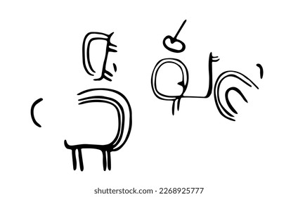 Vector illustration of a herd of cattle rock paintings. Prehistoric rock petroglyphs discovered on the territory of Armenia