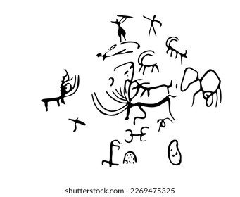 Vektorgrafik einer Herde von Felsgemälden von Rindern. Prähistorische GesteinsPetroglyphen auf dem Gebiet Armenien entdeckt	