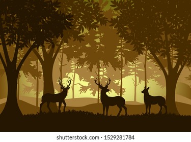 Vector illustration of a herd of deer in the forest in autumn walking at sunset, silhouettes of trees and forest animals