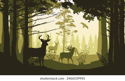 Vector illustration of a herd of deer in the forest in autumn walking at sunset, silhouettes of trees and forest animals