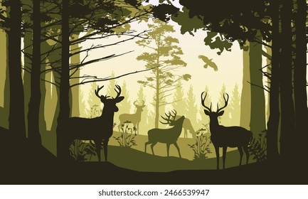 Vector illustration of a herd of deer in the forest in autumn walking at sunset, silhouettes of trees and forest animals