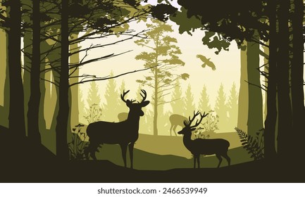 Vector illustration of a herd of deer in the forest in autumn walking at sunset, silhouettes of trees and forest animals