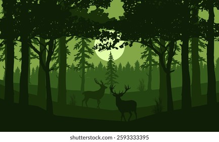 Vector illustration of a herd of deer in the forest in autumn walking at sunset, silhouettes of trees and forest animals