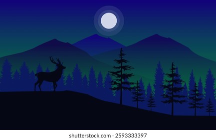 Vector illustration of a herd of deer in the forest in autumn walking at sunset, silhouettes of trees and forest animals