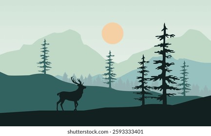 Vector illustration of a herd of deer in the forest in autumn walking at sunset, silhouettes of trees and forest animals