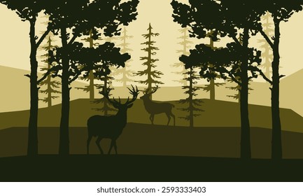 Vector illustration of a herd of deer in the forest in autumn walking at sunset, silhouettes of trees and forest animals