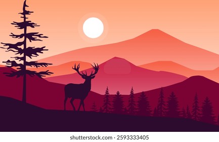 Vector illustration of a herd of deer in the forest in autumn walking at sunset, silhouettes of trees and forest animals