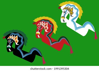 Vector illustration of a herd of Lumping Horses or leather horses. Traditional Javanese art form, Indonesia. With green background background