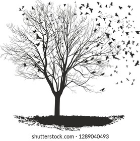 vector illustration of a herd of ravens, tree without maple