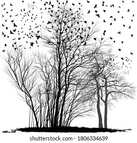 ilustración vectorial de un rebaño de árboles de cuervos en un grupo de árboles de acacia