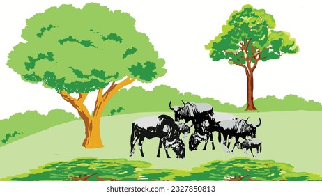 Vector illustration of a herd of wildebeests eating grass in the forest.