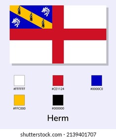 Ilustración vectorial de la bandera de Herm aislada en fondo azul claro. Ilustración de la bandera Herm con códigos de color. Lo más cerca posible del original. listo para usar, fácil de editar. 
