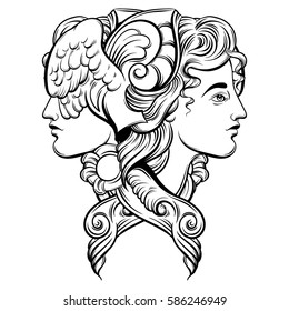 Vector illustration of Hermes. Hand drawn artwork with portrait of Hermes with wings and decorative elements. Template for card, poster, banner, print for t-shirt.