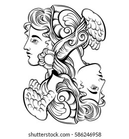 Vector illustration of Hermes. Hand drawn artwork with portrait of Hermes with wings and decorative elements. Template for card, poster, banner, print for t-shirt.