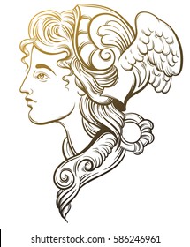 Vector illustration of Hermes. Hand drawn artwork with portrait of Hermes with wings and decorative elements. Template for card, poster, banner, print for t-shirt.