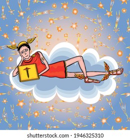 Vector illustration of Hermes with laptop lying on cloud in starry sky