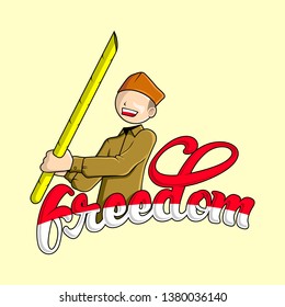 Vector illustration of a hero holding on ( bambu runcing ) Indonesian traditional weapon with typography
