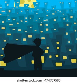 Vector illustration of hero on the background of night city