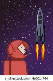 Vector illustration of heroic astronaut in red spacesuit and flying space rocket. EPS10 file.