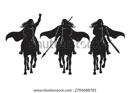 Vector illustration of heroic warriors on horseback in silhouette style.