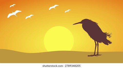 Vector illustration of a heron silhouette standing on the shore against a bright yellow setting sun and orange sky with flock of birds flying.