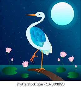 vector illustration of herons in a swamp surrounded by lotuses on a dark background with moon and stars