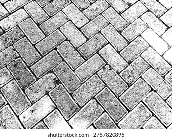 Vector illustration of herringbone paving block pattern. High contrast black and white concrete brick texture graphic design for architectural and urban background.