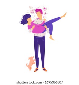 Vector illustration with heterosexual couple. Man holding his girlfriend and little dog. Man and woman in love isolated on white. Couple and their pet.
