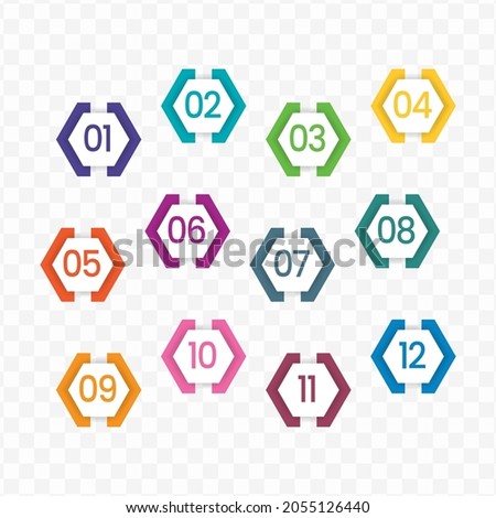 Vector illustration of hexagon arrow number bullet points from one to twelve with a transparent background 