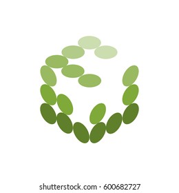 Vector illustration of a hexagon built from green circles with a different color.