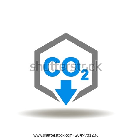 Vector illustration of hexagon with CO2 and arrow down. Symbol of CO2 reduction. Icon of carbon dioxide emissions reduce.