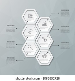 Vector illustration hexagon infographics 6 options. Template for brochure, business, web design.
