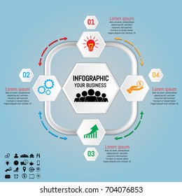 Vector illustration of hexagon Infographics element. Four Options