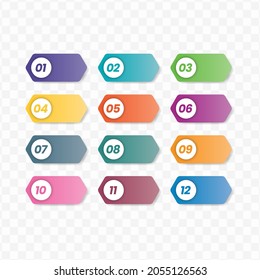 Vector illustration of hexagon label number bullet points from one to twelve with a transparent background (PNG).