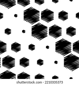 Vector illustration. Hexagon line drawing texture. Black and white geometric seamless pattern. Mosaic abstract background. Hexagonal repeating geometric polygon texture.