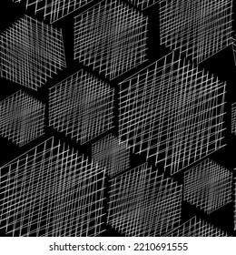 Vektorgrafik. Hexagon-Zeichentextur. Schwarz-Weiß-Geometrisches nahtloses Muster. Mosaik abstrakter Hintergrund. Sechseckige, sich wiederholende geometrische Polygonstruktur.