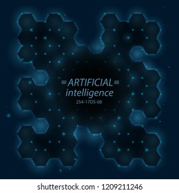 Vector illustration of hexagon microchip. Design for artificial intelligence technology. Glow abstract design. Wireframe geometry on dark blue background with bright dots.