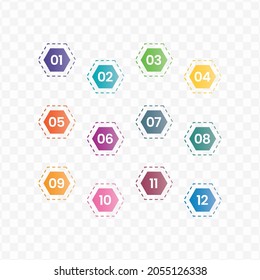 Vector Illustration Of Hexagon Number Bullet Points From One To Twelve With A Transparent Background (PNG).