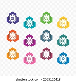 Vector Illustration Of Hexagon Number Bullet Points From One To Twelve With A Transparent Background (PNG).