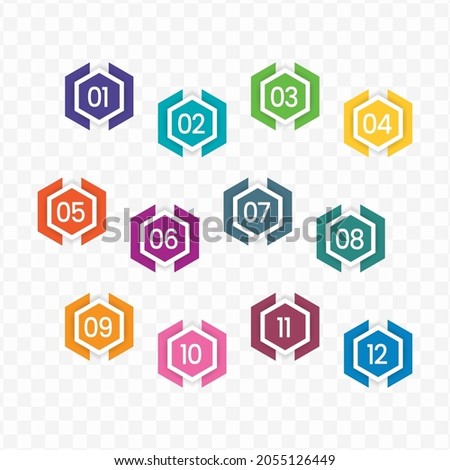 Vector illustration of hexagon number bullet points from one to twelve with a transparent background 