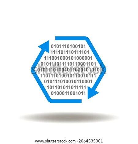 Vector illustration of hexagon outline with arrows cycle and digital numbers 0 1. Symbol of EDI Electronic Data Interchange. Icon of digital electronic data processing technology.