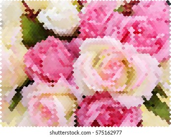 Vector illustration hexagon pixel of closeup pink roses flowers background