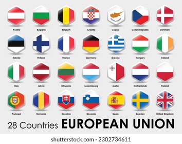 Vector illustration of Hexagon shape flags of the 25 countries European Union on gray background