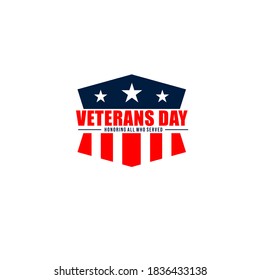 Vector illustration of hexagon shield with stars and text Veterans Day honoring all who served isolated on white background perfect for Veterans Day celebration badge or logo