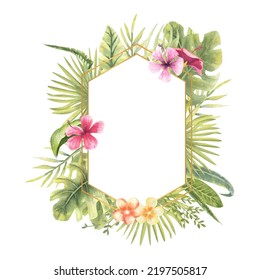 Ilustración vectorial de un marco hexagonal con plantas tropicales. Monstruo, hojas de plátano, hibiscos, etc. acuarela floral. Para el diseño de tarjetas de felicitación, invitaciones