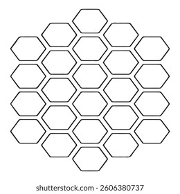 Vector illustration of a hexagonal grid pattern. Isolated stock image ideal for design, game boards, geometric layouts, or honeycomb-inspired graphics, offering a clean and modern look.
